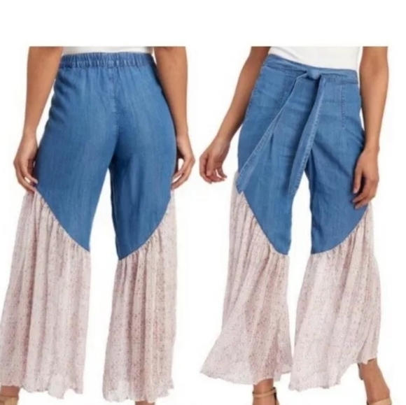 Gemma Jane Boho Blue Lyocell Chiffon Ultra Wide Leg Flared Tie Front Pants Sz M. - Picture 1 of 12